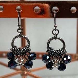 Blue Iridescent & Rhinestone Earrings Black Metal